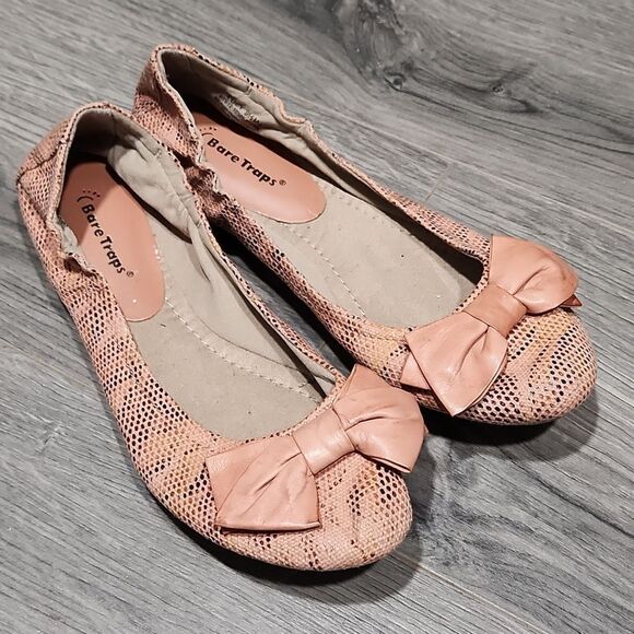 Bare Traps Faux Snakeskin Peach Leather Bow Ballet Flats - Picture 1 of 6